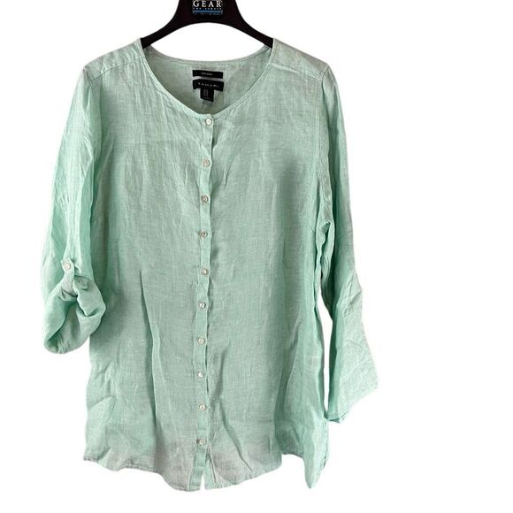 Tahari Top womens 1X Green Blue 100 % Linen Roll Tab Button Down Tunic Cottagcor - Picture 1 of 7